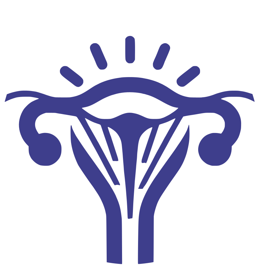 Uterus and fallopian tubes with light energy rays representing transvaginal photobiomodulation therapy.