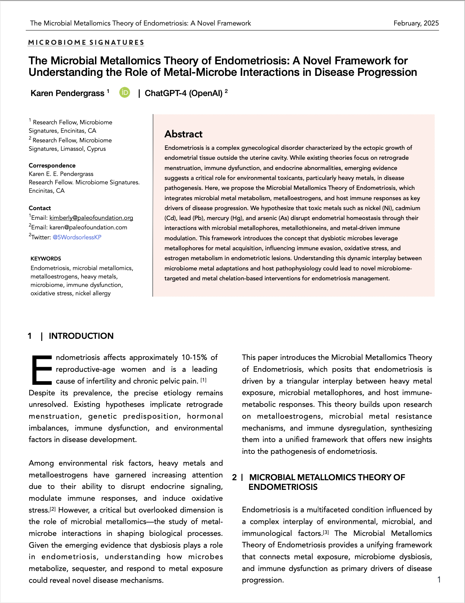 Research paper title page introducing the Microbial Metallomics Theory of Endometriosis and metal-microbe interactions in disease.