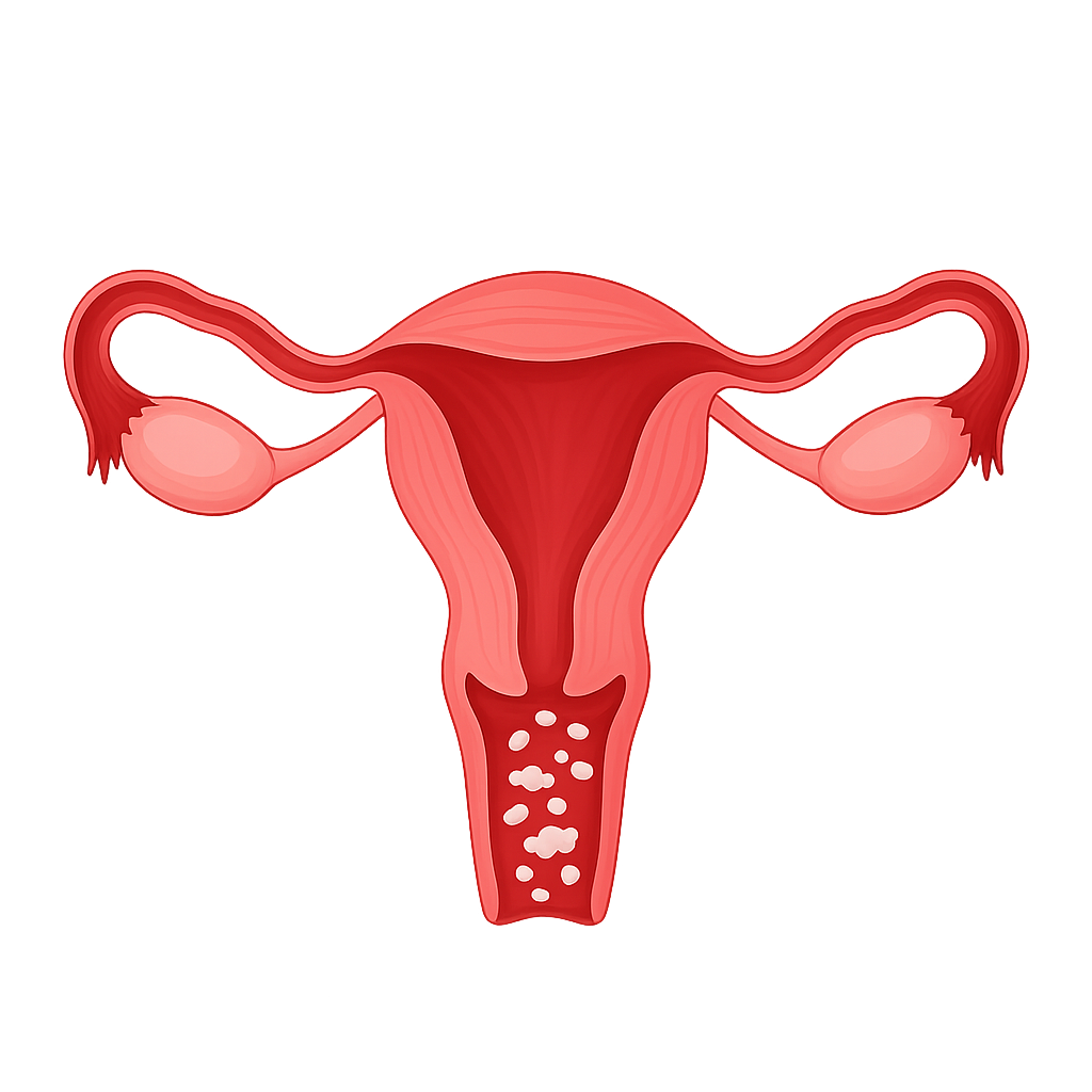 Female reproductive system with vaginal candida infection shown as white dots in the vaginal canal.