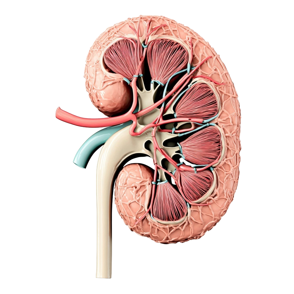 Anatomical cross-section of a healthy kidney with renal artery and ureter labeled.